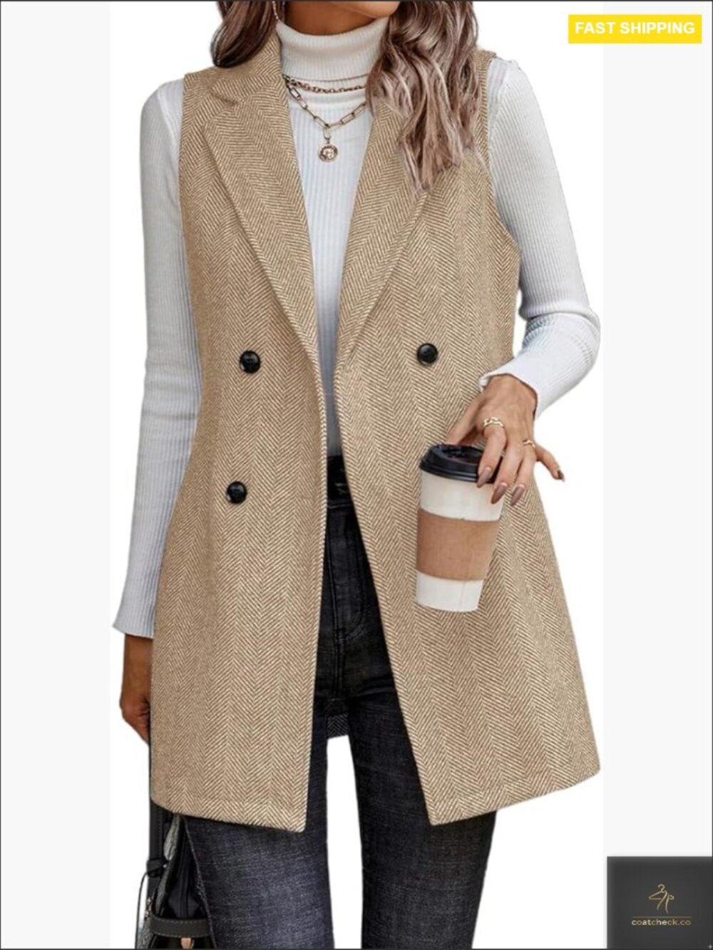 Long Sleeveless Tweed Vest Blazer Open Front Cardigan Notch Lapel Pockets